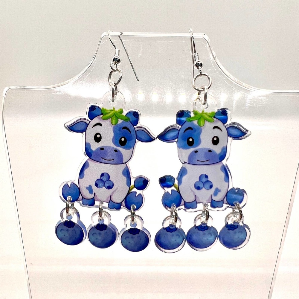Blueberry Cow Earrings - Animal Earrings - Blueberry Milk - Dangle Earrings